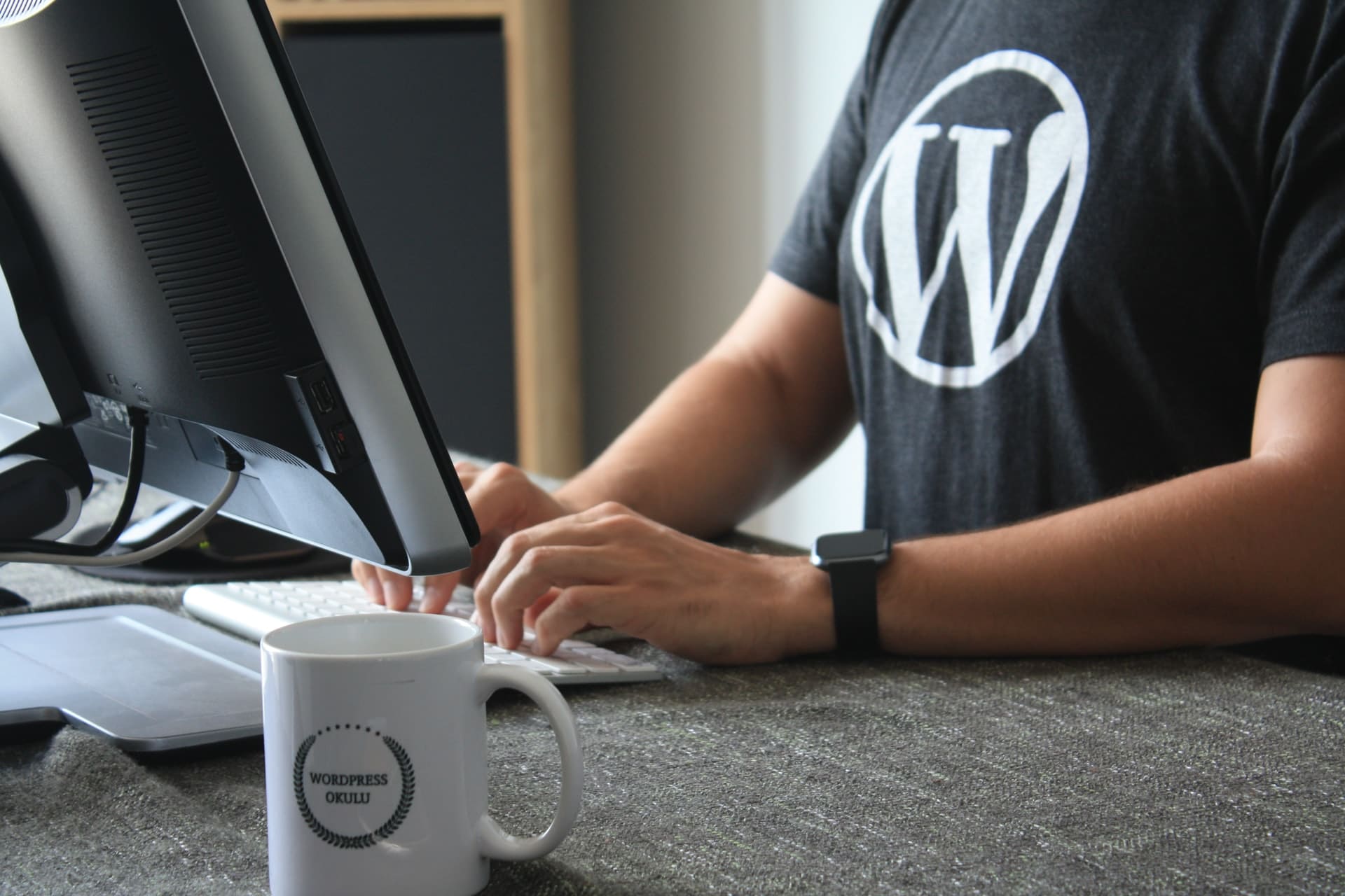 person wearing WordPress shirt