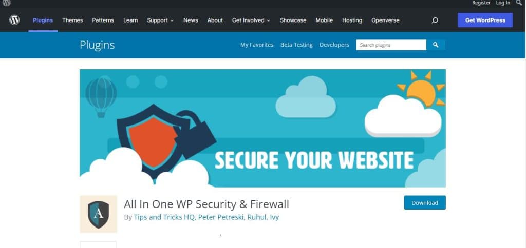 All In One WP Security & Firewall plugin on WordPress site