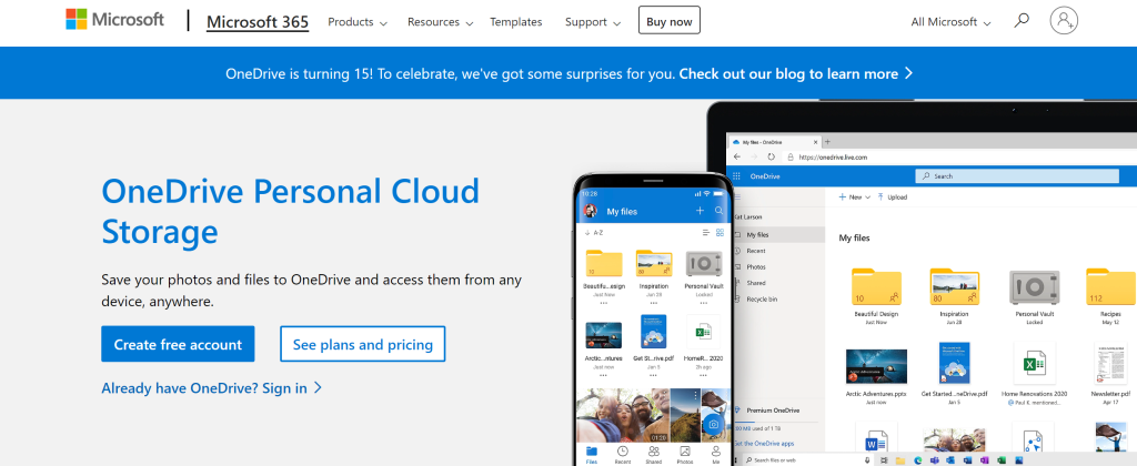 OneDrive landing page